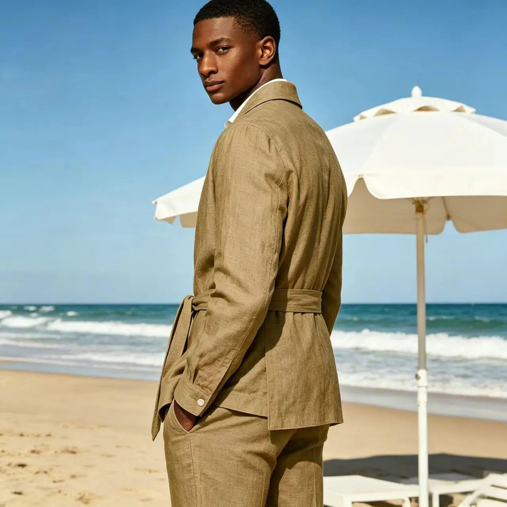 Men's Linen Belted Suit 2 Piece Set Casual Breathable Blazer & Pants Summer Lightweight Business Casual Outfit for Wedding Beach