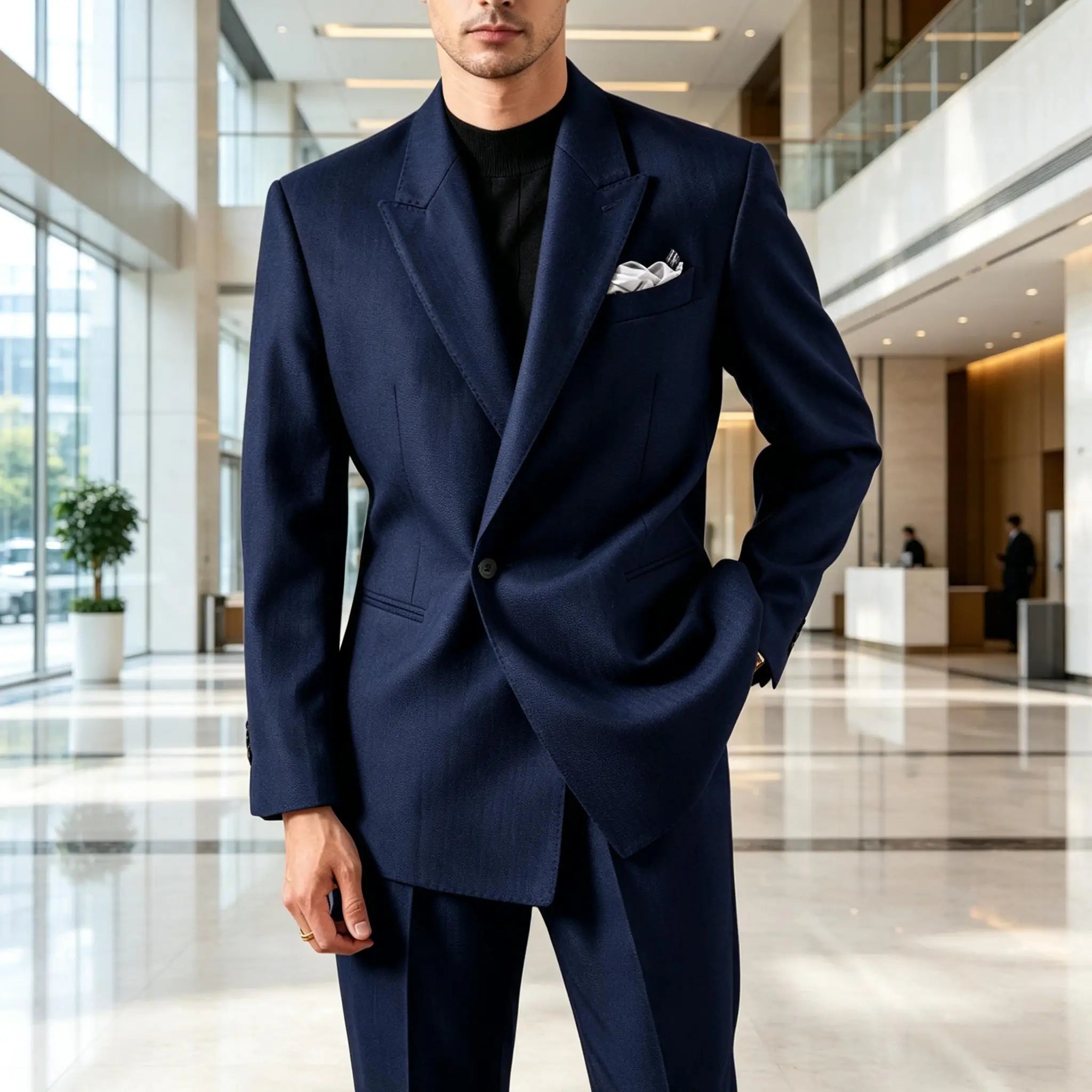 Men's Serge Suit Set Jacket Premium One Button Peak Lapel Slim Fit Tuxedo 2 Piece Blazer Pants Casual Business Wedding Formal