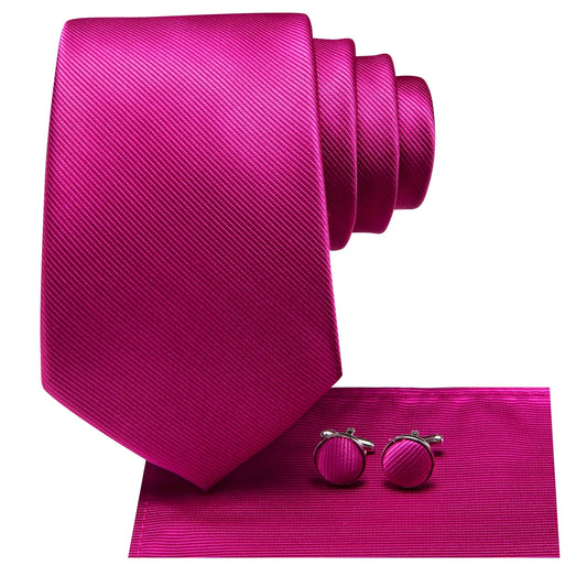 Hi-Tie Solid Hot Pink Mens Fashion Necktie Handkerchief Cufflink for Tuxedo Accessory Classic Silk Luxury Tie for Man Gift