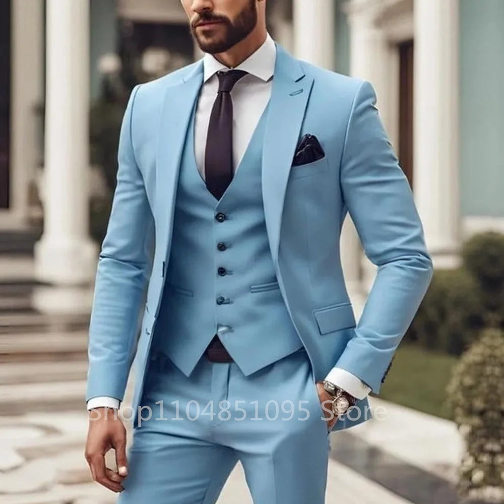 Men's Suits Elegant Peak Lapel Jacket Groom Tuxedo 3 Pieces Blazer Vest and Pants Set Formal Men's Suit for Business Prom
