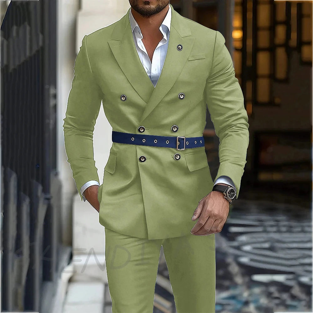 Navy Blue Men's Suit Classic Peak Lapel Blazer Double Breasted Formal Set Two Piece Business Casual Male Clothing Without Belt