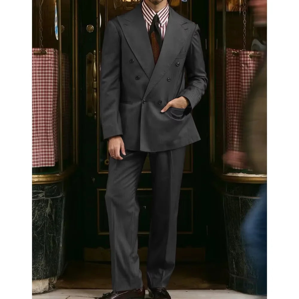 Men's Khaki Suit 2 Piece Set Double Breasted Peak Lapel Blazer Straight Leg Pants Fashion Formal Outfit Business Casual Wedding