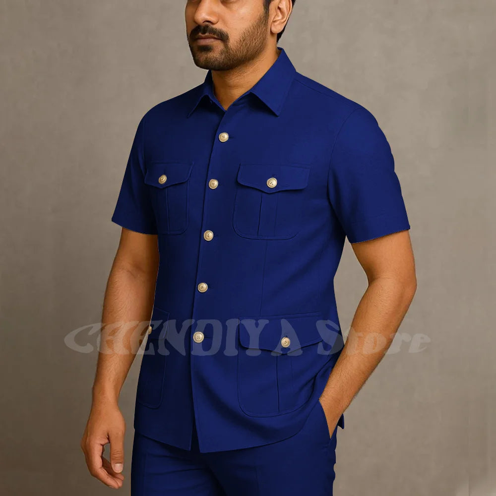 Solid Color Men Suits Safari Style Stand Collar Single Breasted Slim Fit Outfits Smart Casual Office Work Social Daily Set