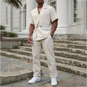 Stylish Men's 2 Piece Sets Notch Lapel Double Button Short Sleeves Blazer Suit Straight Fit Summer Casual Fashion Outfit