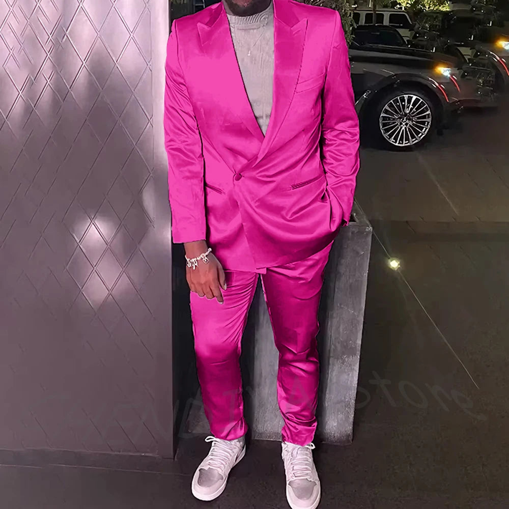 Silver Satin Men Suits 2 Piece Chic Peak Lapel Casual Daily Suit Single Button Formal Evening Party Tuxedo (Blazer+Pants)