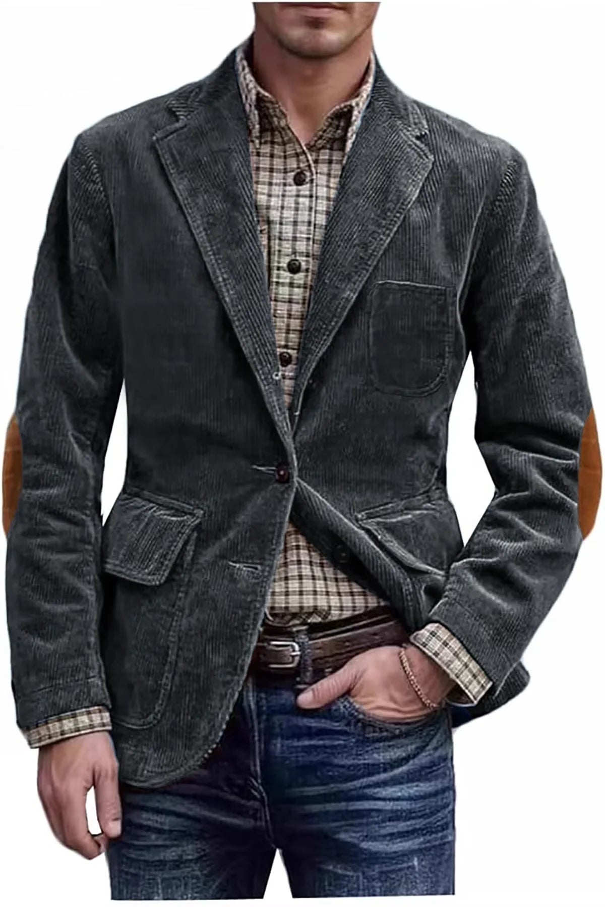 Men's Hunting Corduroy Blazer with Elbow Patches Vintage Tan Notched Lapel Casual Jacket British Slim Fit Daily Work Suit Coat