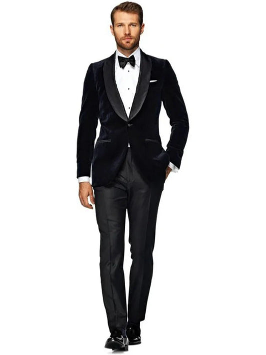 Formal Navy Blue Velvet Men 2 Pieds Mariage Costume Groom Tuxedo Slim Fit Business Costumes Costume de combinaison Homme (Blazer + Pantalon)