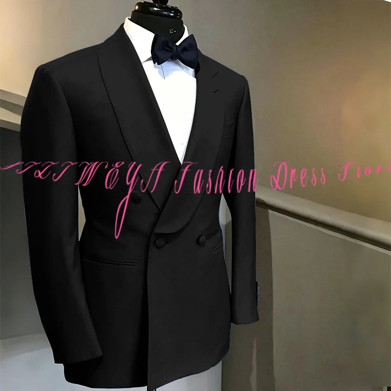 Blue Double Breasted Men's Suit Wedding Groom Tuxedo High Quality Boutique Male Clothing Jacket+Pants