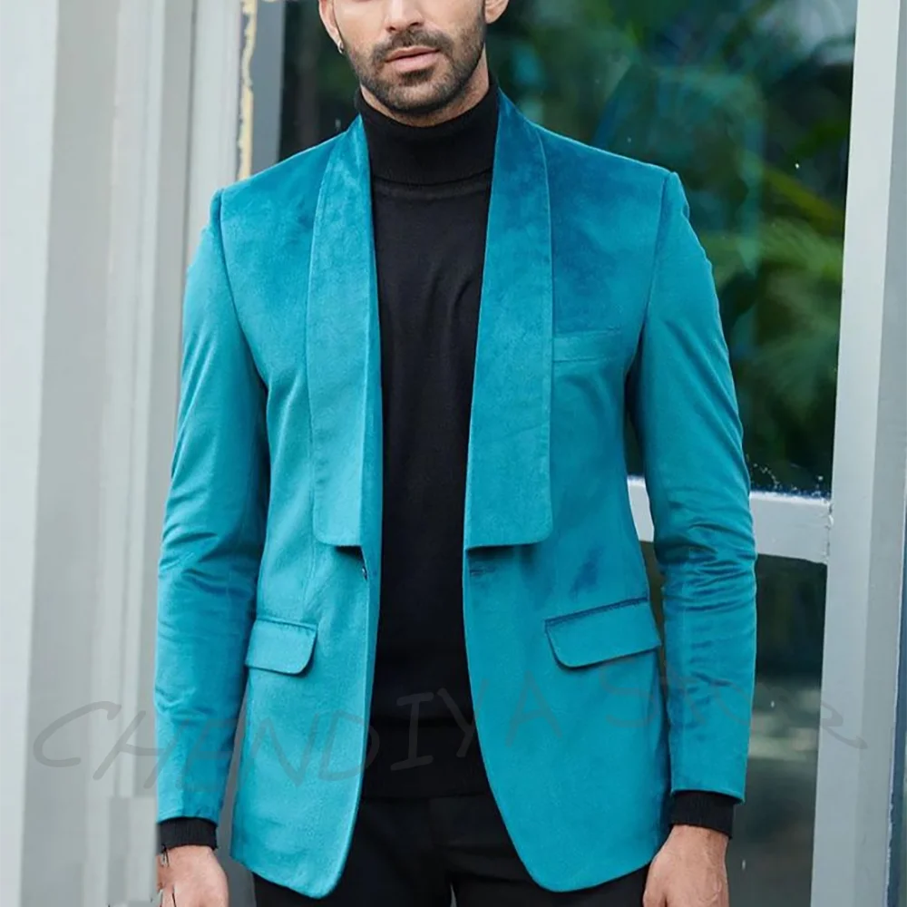 Chic Shawl Lapel Men Suit 2 Piece Luxury Velvet Jacket Single Button Slim Fit Outfit High Street Daily Casual Blazer Set