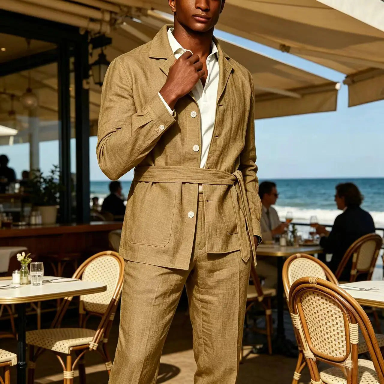 Men's Linen Belted Suit 2 Piece Set Casual Breathable Blazer & Pants Summer Lightweight Business Casual Outfit for Wedding Beach