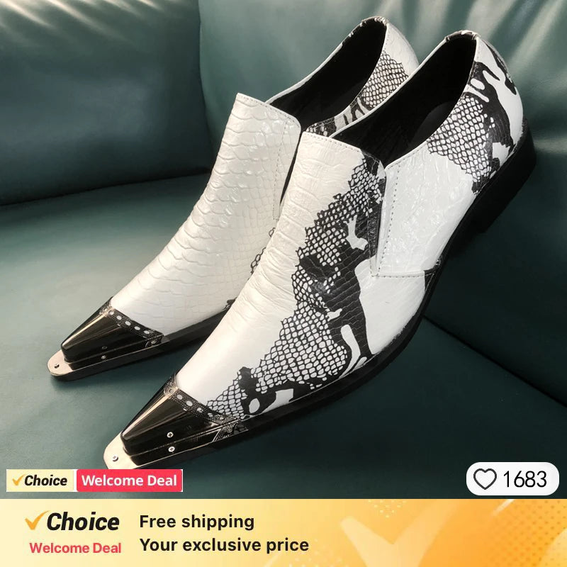 White Men Shoes Print Design Genuine Leather Pointy Metal Toe Block Fashion Slip On Business Office Dress Party Leather Shoes