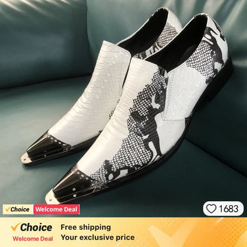 White Men Shoes Print Design Genuine Leather Pointy Metal Toe Block Fashion Slip On Business Office Dress Party Leather Shoes