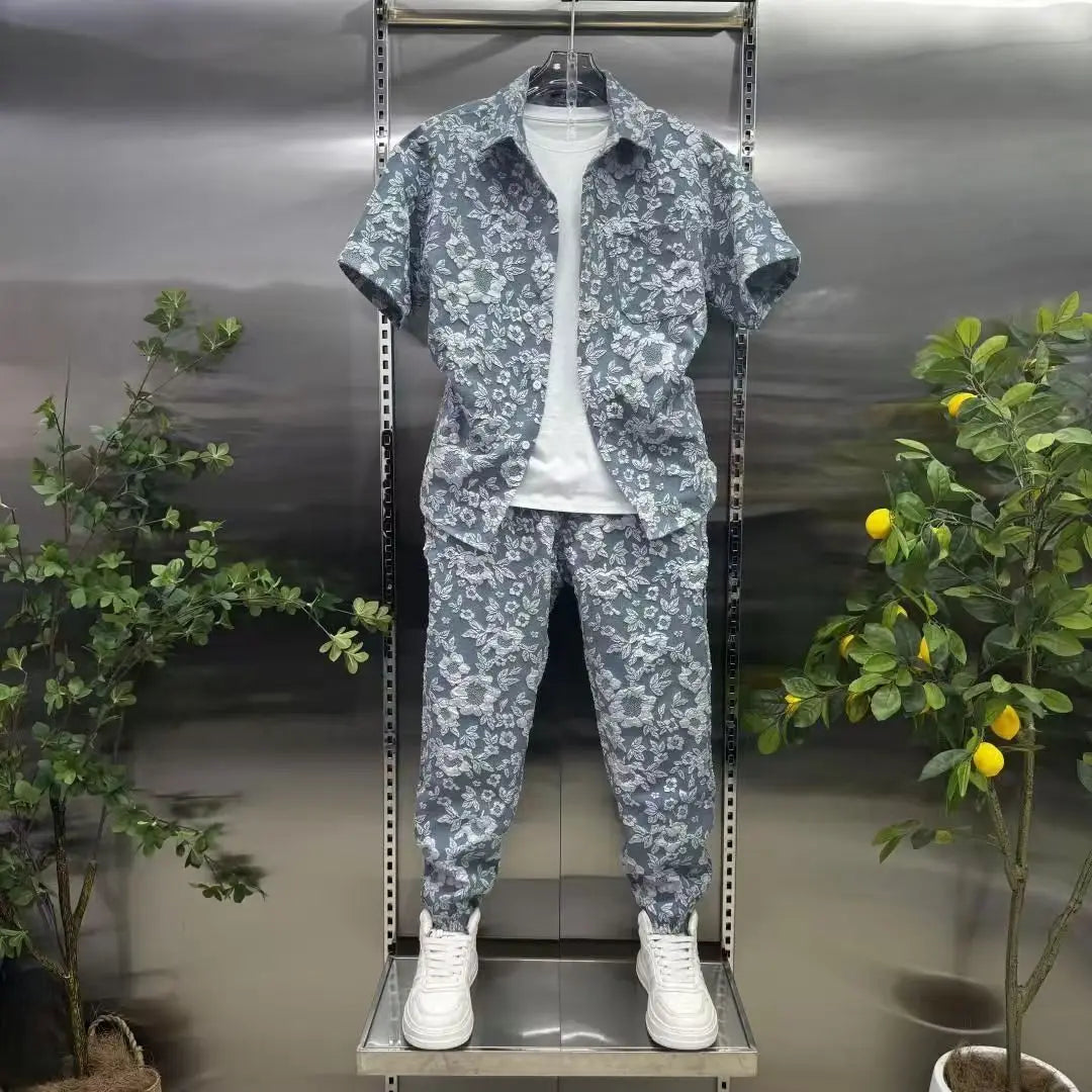 Summer Shirts+Pants Men Sets New Men Casual Print Shirt Two Piece Mens Sportswear Jogger Tracksuits Fashion Suit