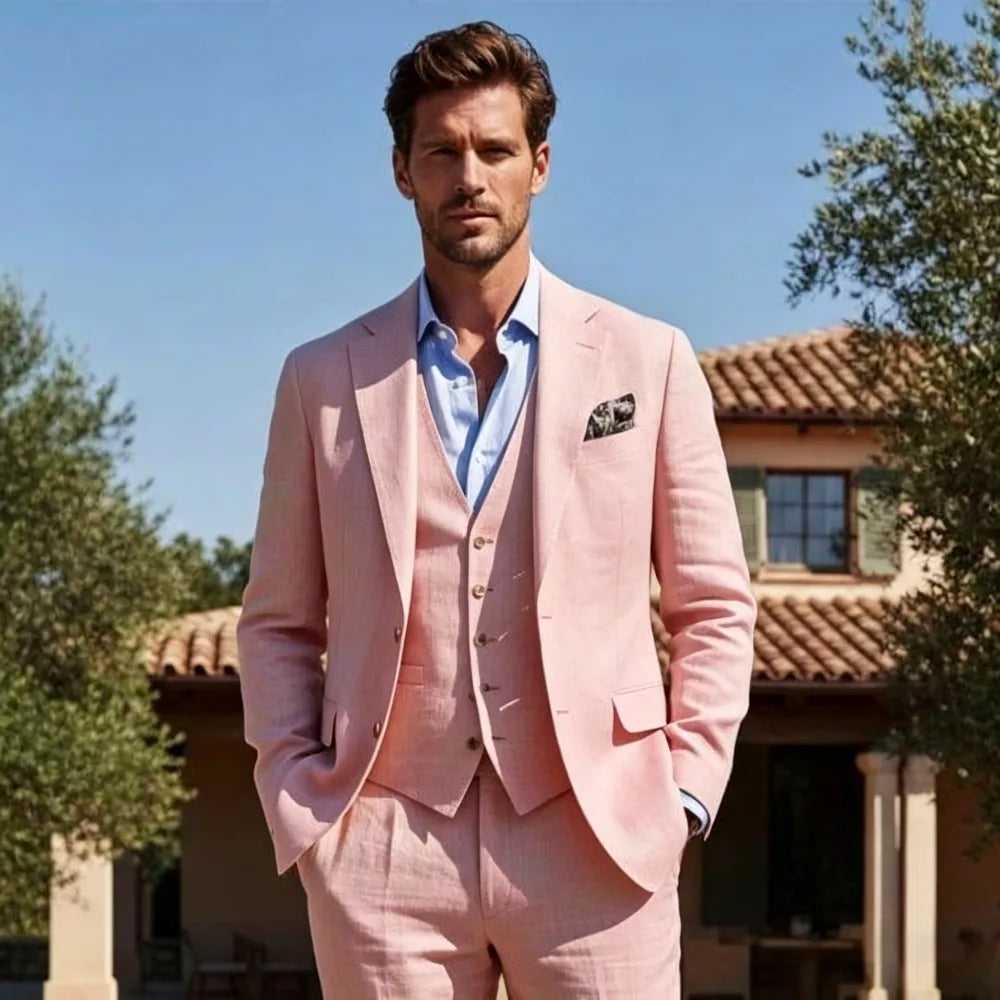 Beige Linen Wedding Tuxedo 3 Pieces Summer Suits for Men Slim Fit Groom Blazer Trousers Vest Set Beach Party Wedding Suits Men