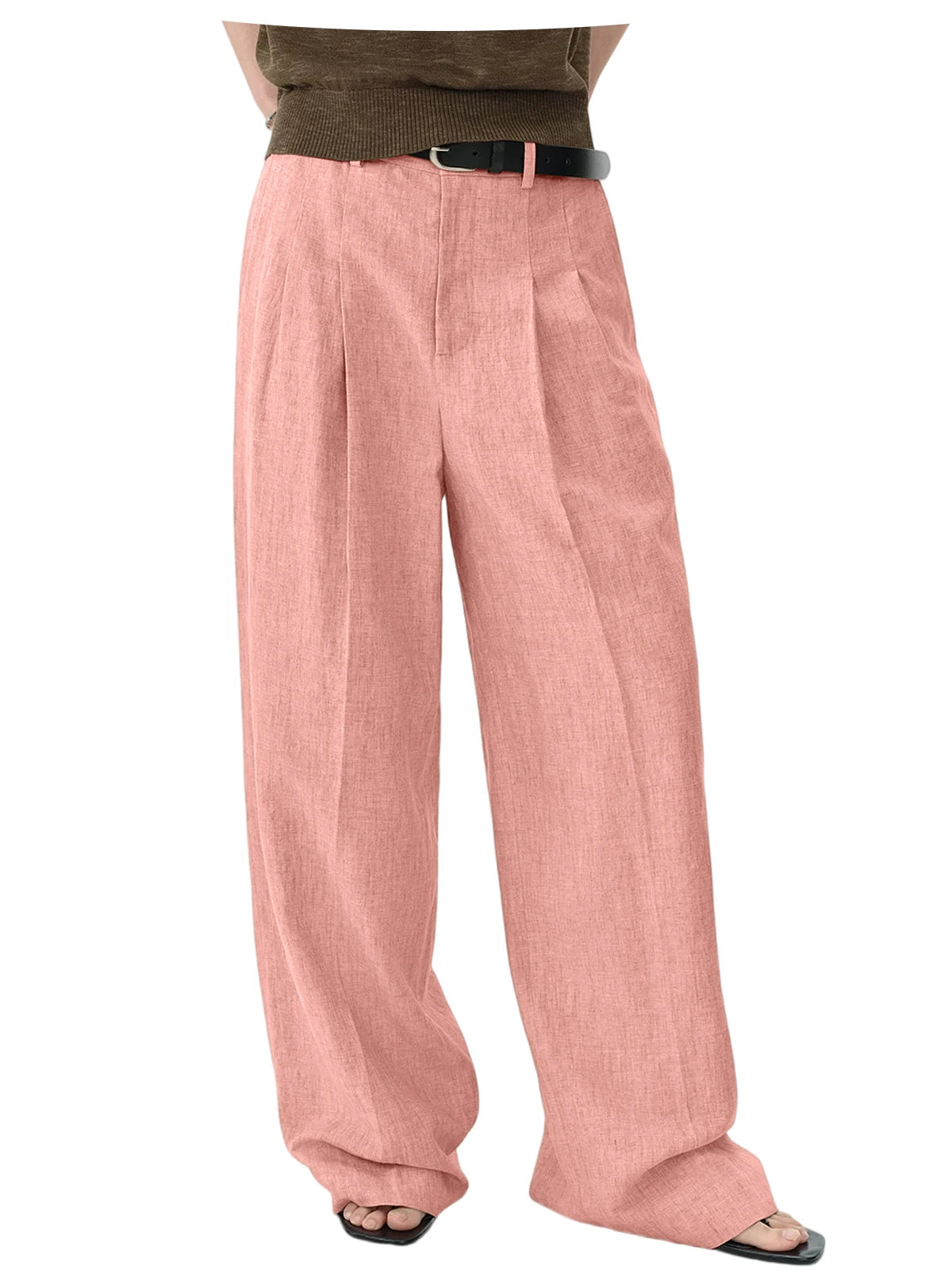 Men Linen Wide Leg Pants High Waist Pleated Casual Trousers Breathable Loose Straight Suit Pants Streetwear