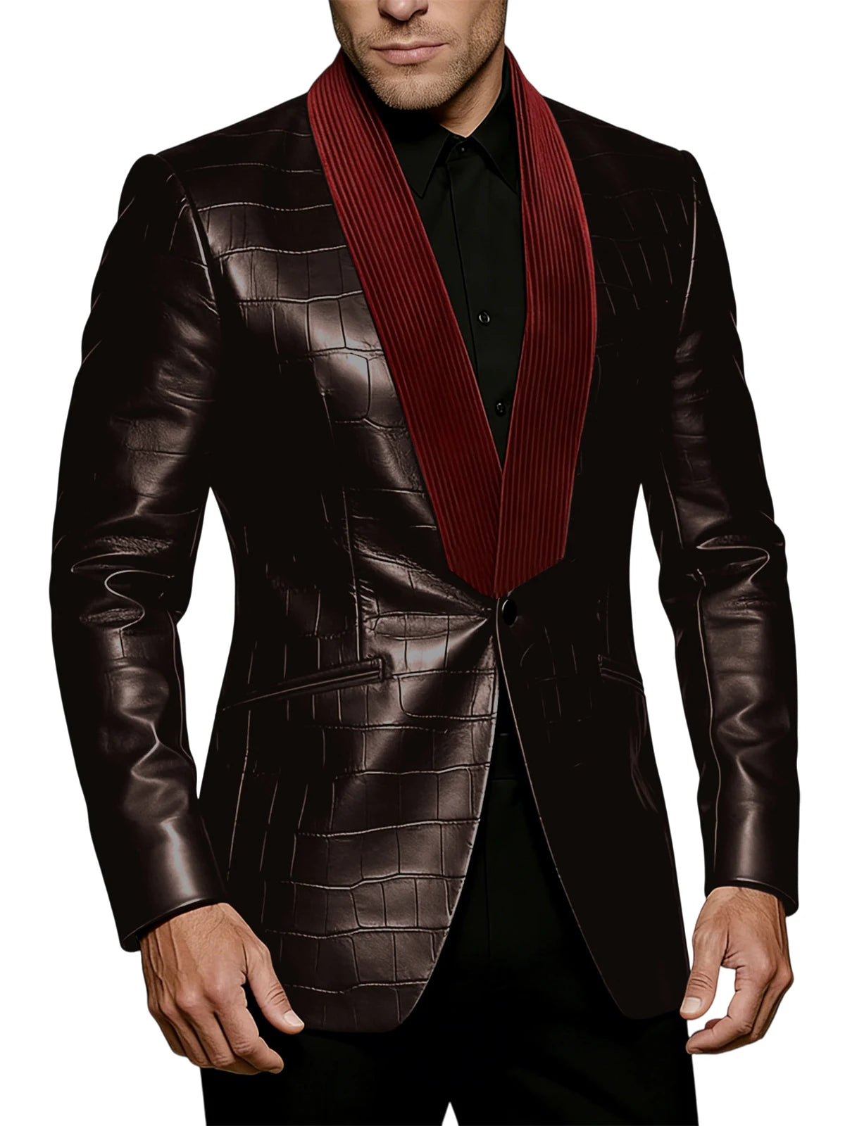 Men's Crocodile Pattern Leather Blazer Corduroy Patchwork 1 Button Shawl Collar Suit Jacket Slim Fit Business Formal Outerwear