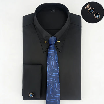 Empire collar French cuff men's long-sleeved shirt with collar pin, large pointed collar business formal shirt gentleman's attir
