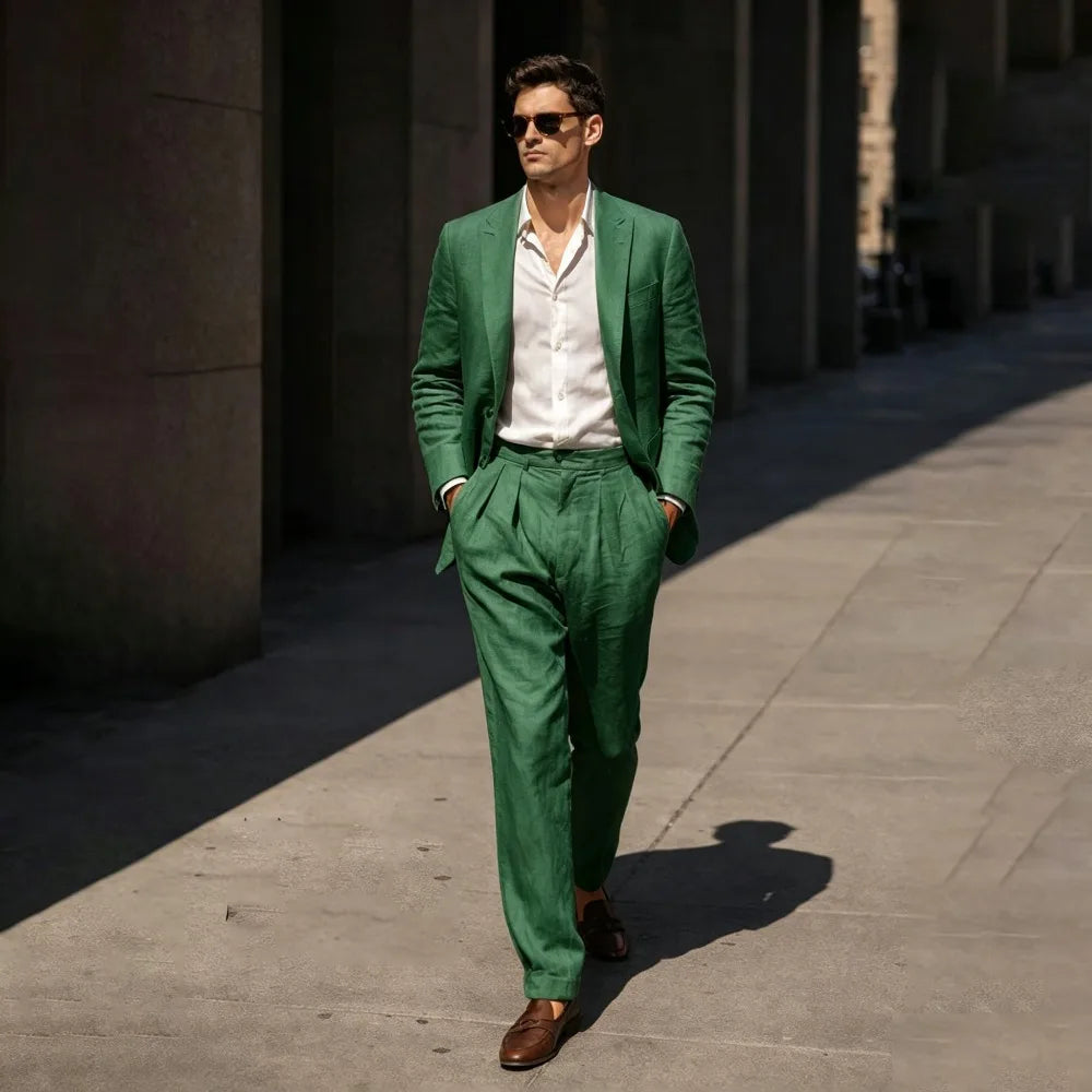 Beige Linen Prom Suits for Men 2 Pieces Wedding Tuxedo Slim Fit Groom Blazer Trousers Set Summer Formal Attire men suit set