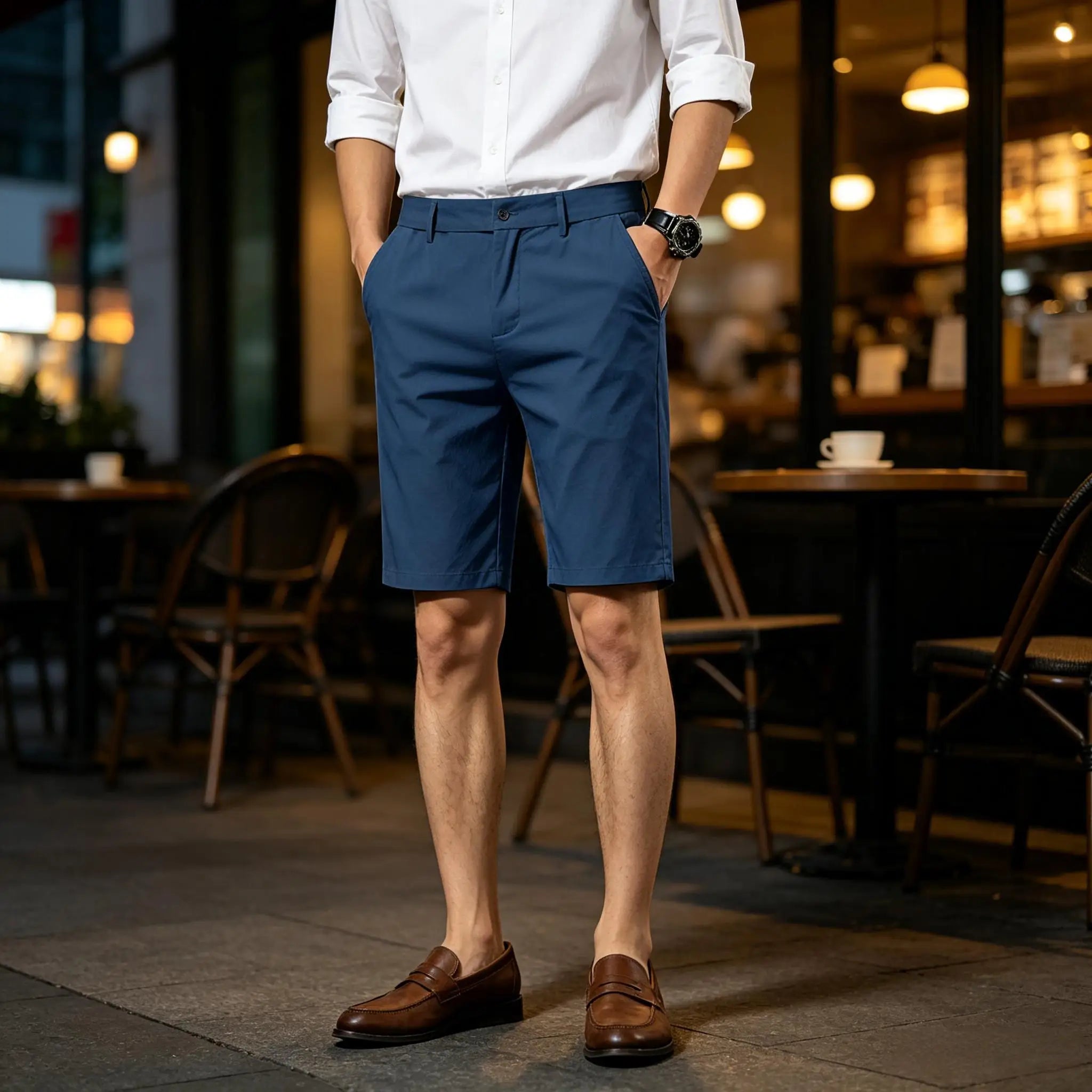 Men Cotton Solid Knee Length Bermuda Shorts Straight Chino Shorts Front Back Pockets Breathable Summer Beach Daily Casual Shorts