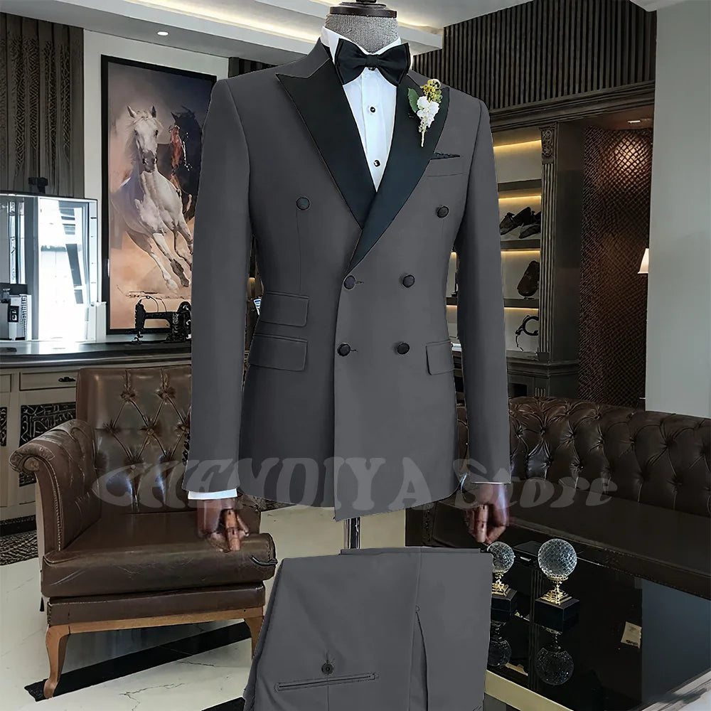 Elegant Men Suits Classic Double Breasted Peak Lapel Male Clothing 2 Piece Fashion Evening Party Business Prom Formal Set