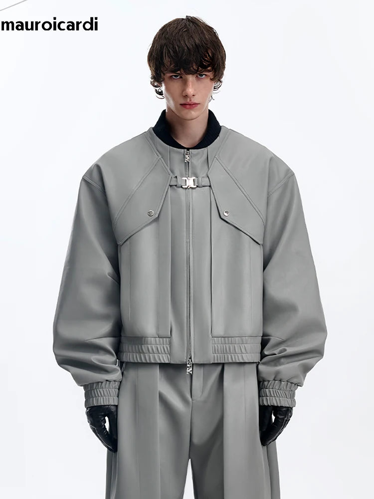 Mauroicardi Spring Autumn Cool Handsome Pu Leather Bomerb Jacket Men Zipper Runway European Fashion Luxury Designer Clothes 2025