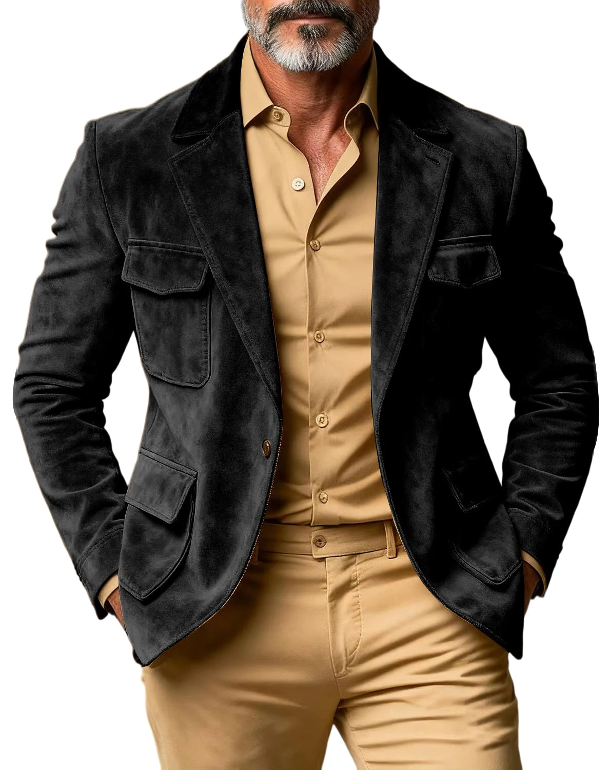 Men's Suede Safari Blazer Slim Fit Notch Lapel Multi-Pocket Hunting Jacket Autumn Winter Casual Business Sport Coat