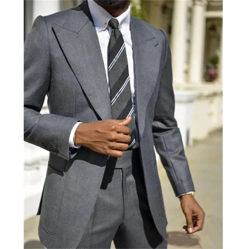 Formal Men's Suits Dark Grey Peak Lapel One Button Blazer Slim Fit Elegant Wedding 2 Piece Jacket Pants Costume Homme Blazer