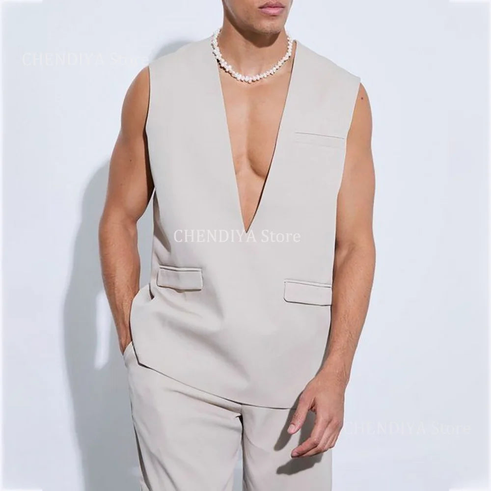 High Street Style Men's Suits Set 2 Pieces Daily Shopping Office Work Outfits Male Casual Suits Fashion Simple Vest With Pants