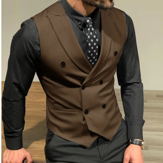 Sleeveless Men's Suit Vests with Double Breasted Slim Fit Groomsmen Waistcoat for Wedding Business Single One Piece Male Coat