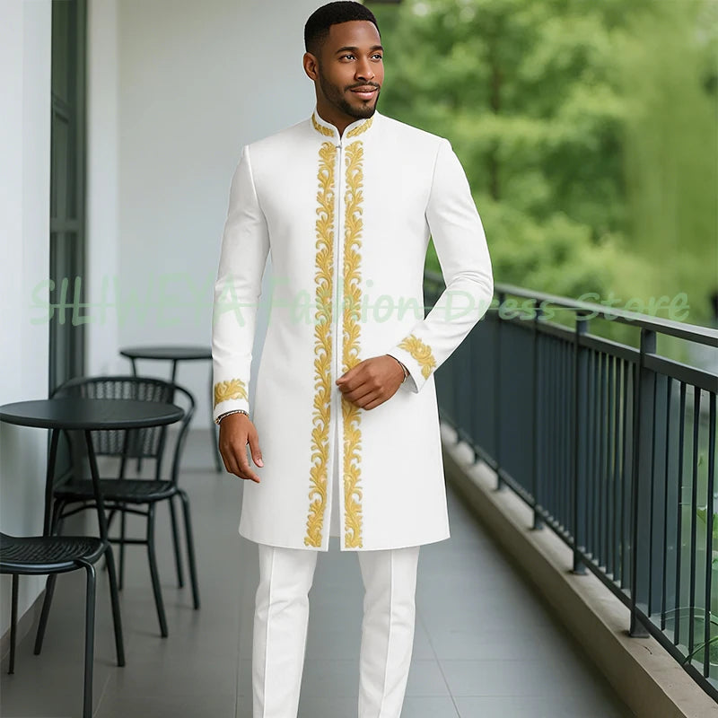 High Quality Men Retro Figure Slim Fit Tuxedo Prom Suit Fashion White Male Groom Wedding 2 Pieces Blazer Set