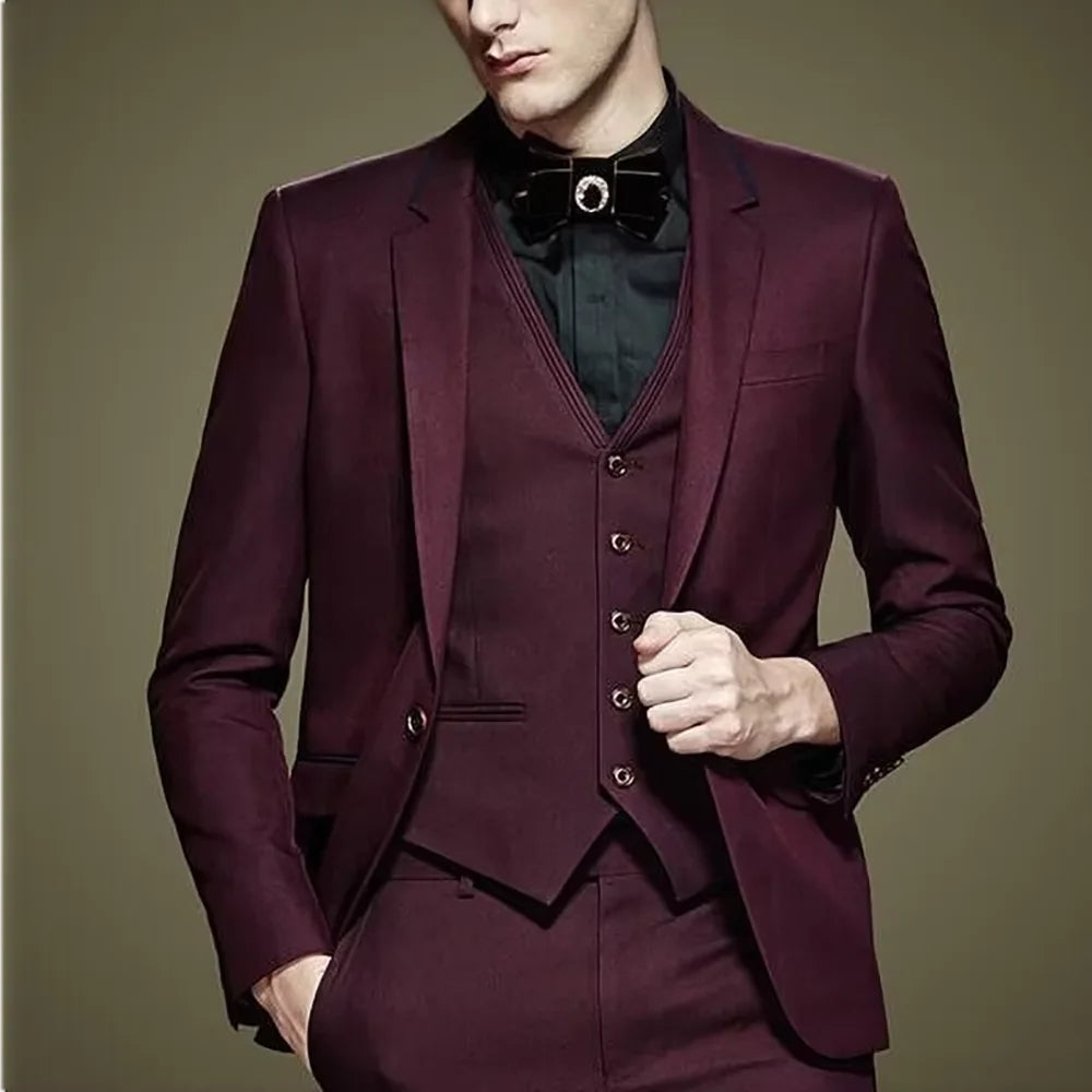 Fashion Solid Color Suits For Men Notch Lapel Classic One Button Daily Office Work Male Business Casual Outfit Jacket Vest Pants