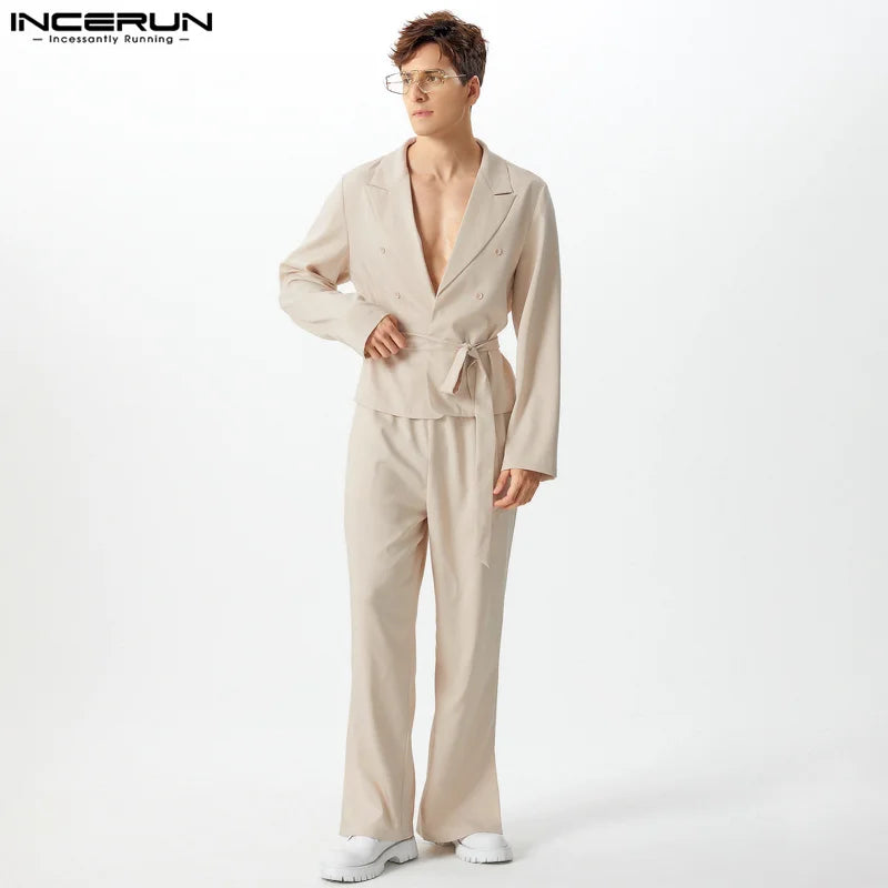 INCERUN 2024 American Style Sets Stylish New Men Tie Double Breasted Cropped Suit Straight Leg Pants Male Clubwear Suit 2 Pieces