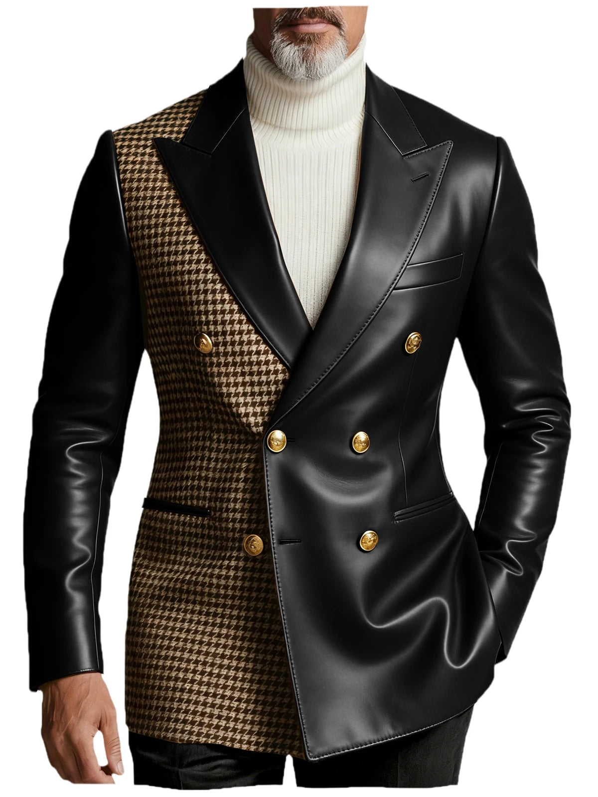 Men's Houndstooth Faux Leather Patchwork Blazer Jacket Double Breasted Peak Lapel Gold Button Slim Fit Suit For Business Casual