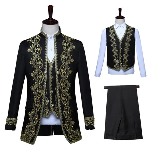 Ehioe Men 3-Piece Suit Medieval Embroidered Jacket Vest Pants Royal Court Men's Wedding Suit European Retro Court Dress Costumes