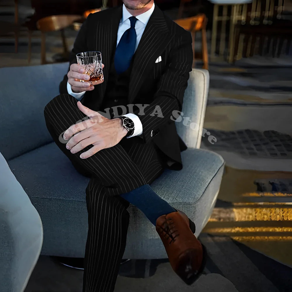 Chic Blue Pinstripe Men Suits Fashion Peak Lapel Business Casual Male Suit Elegant Wedding Groom Tuxedo Slim Fit 3 Piece Set