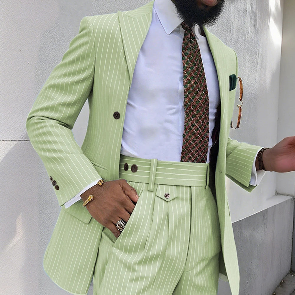 Brown Stripe Men Suits 2 Piece Chic Double Breasted Business Casual Outfits Fashion Peak Lapel Wedding Tuxedo (Jacket+Pants)