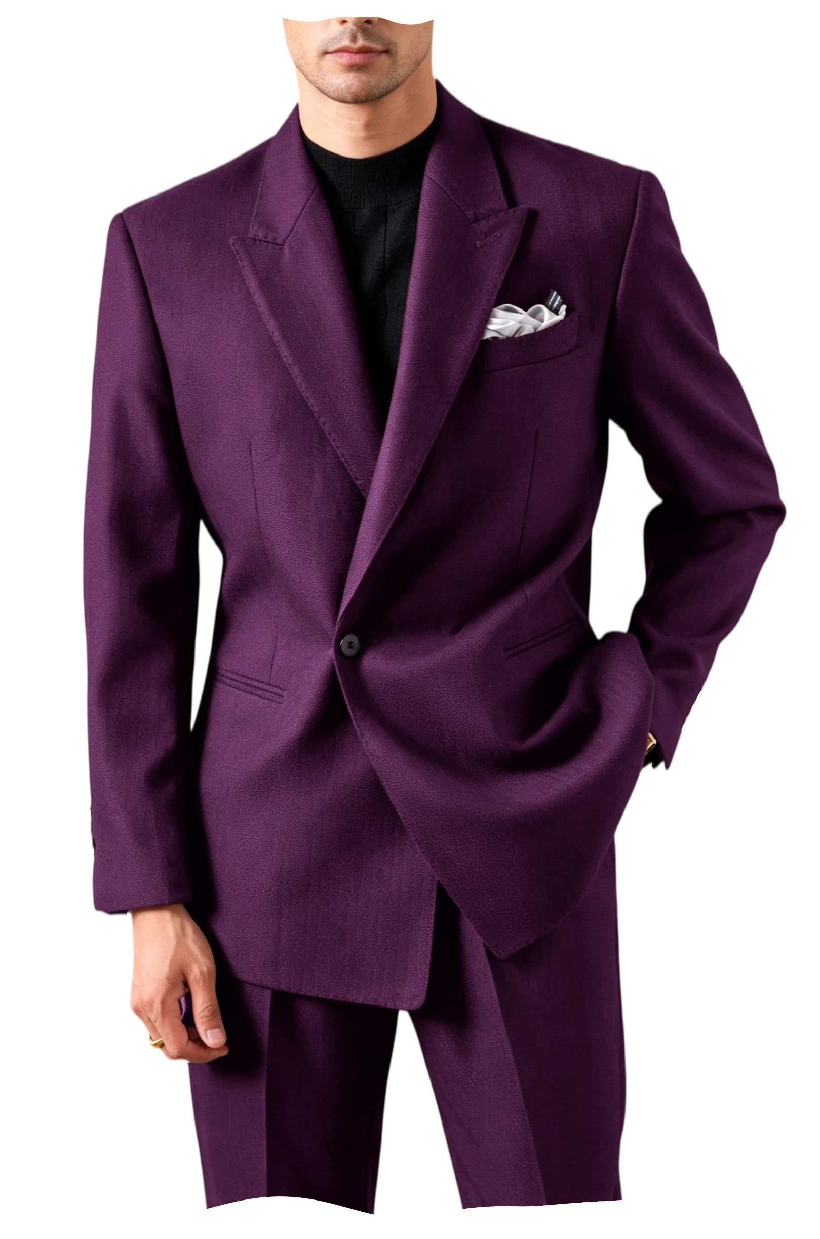 Men's Serge Suit Set Jacket Premium One Button Peak Lapel Slim Fit Tuxedo 2 Piece Blazer Pants Casual Business Wedding Formal
