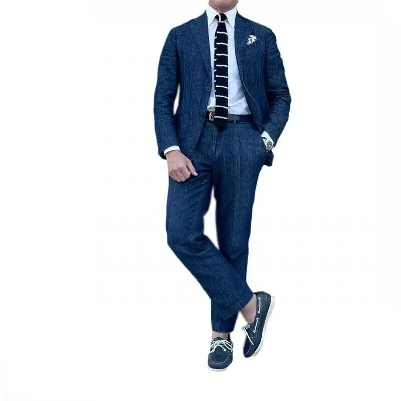Denim Men Suits Tailor-Made 2 Pieces Slim Fit Coat Pants Prom Tuxedos Wedding Groom Formal Work Casual Tailored Costume Homme