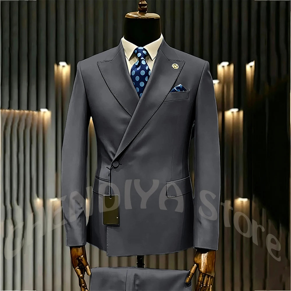 High Quality Formal Men's Suit Incline Single Button Peaked Lapel Slim Fit Business Casual Groom Wedding Set Prom Outfit