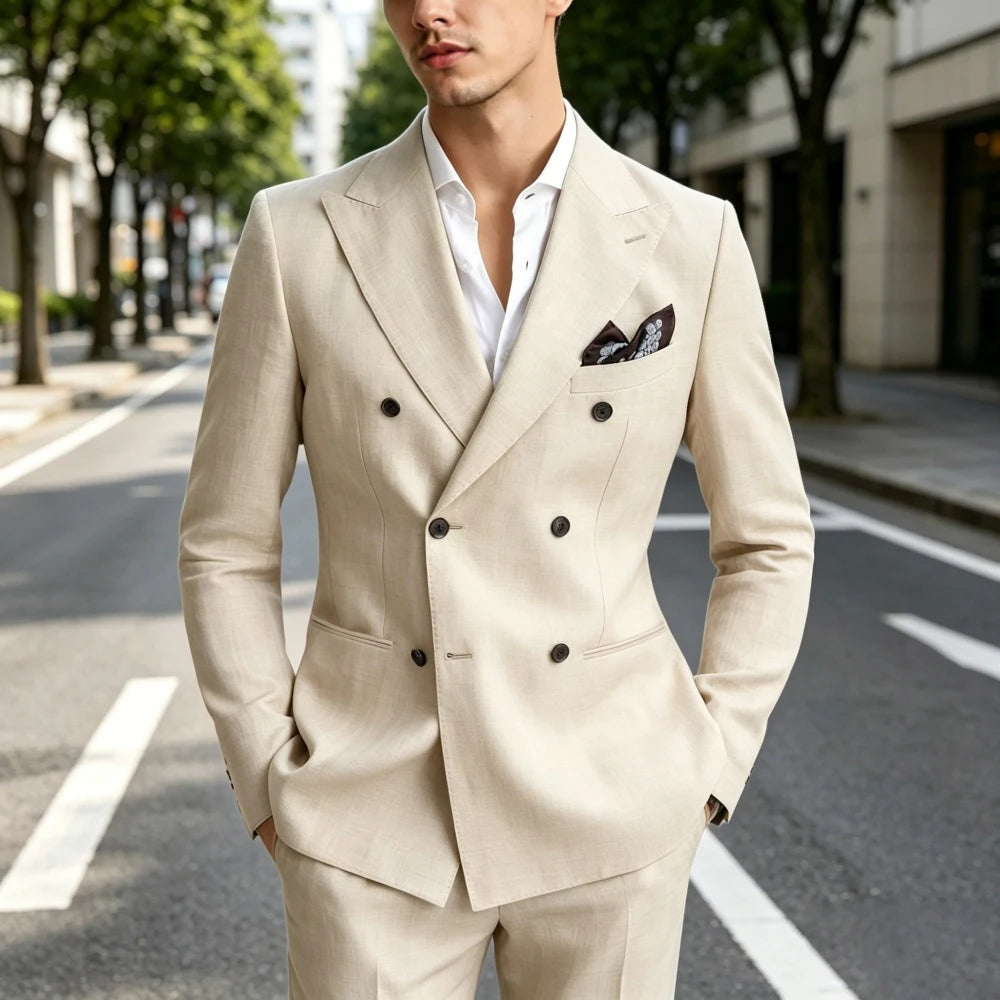 Sage Green Prom Suits For Men 2 Pieces Linen Summer Men Suits Slim Fit Casual Formal Outfit Blazer Pants Set For Party