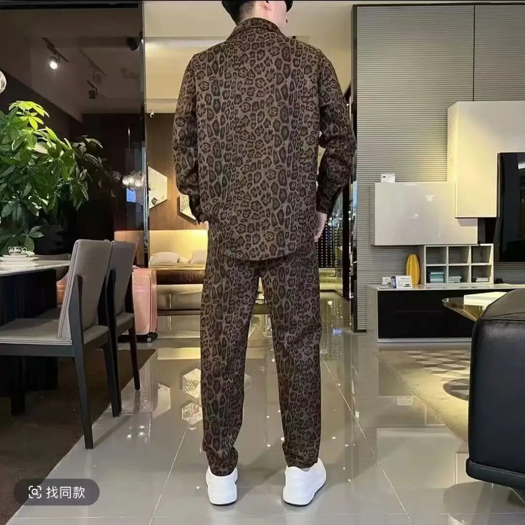 Trend Men's suit 2025 Spring New Fashion Set Casual Two-piece men's Leopard Print Shirt and Pants suit