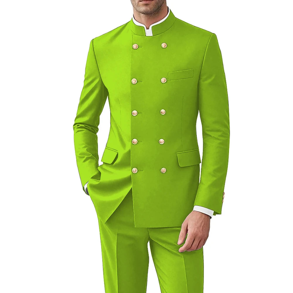 Solid Color Men Suits Formal 2 Pieces Double Breasted Stand Collar Balzer Pants Formal Party Business Wedding Set Customized