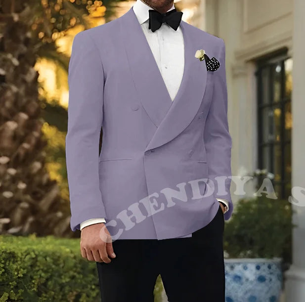 Double Breasted Men Suits Wedding Suit Groom Elegant Shawl Lapel 2 piece Slim Fit Man Set Jacket With Black Pants Formal Blazer
