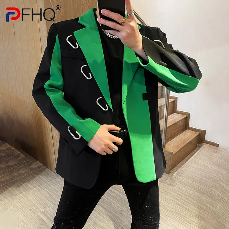 PFHQ Stylish 2023 New Color Contrast Patchwork Design Men's Casual Blazer Coat High Quality Elegant Luxury Trendy Suit Jackets