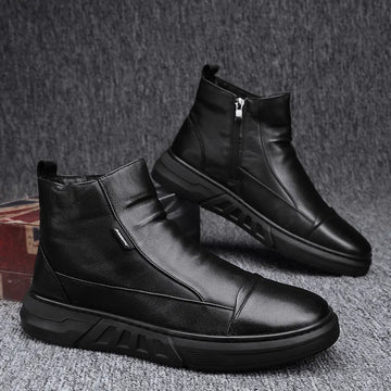 Men's Low Cut Fleece Ankle Boots Winter Slip-on Fleece Lining Cotton Shoes for Men New Thick Sole Black Casual Leather Boot