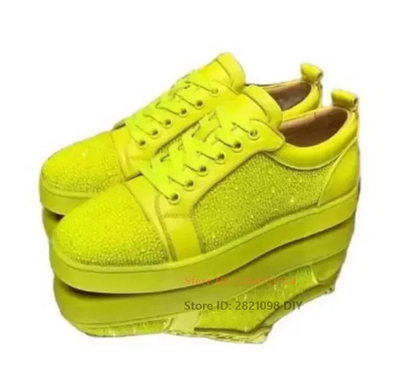 Fluorescein Yellow Low Cut Men's Leather Wedding Flats Men and Women Sneakers Unisex Daily Crystal Casual Shoes Plus Size 47