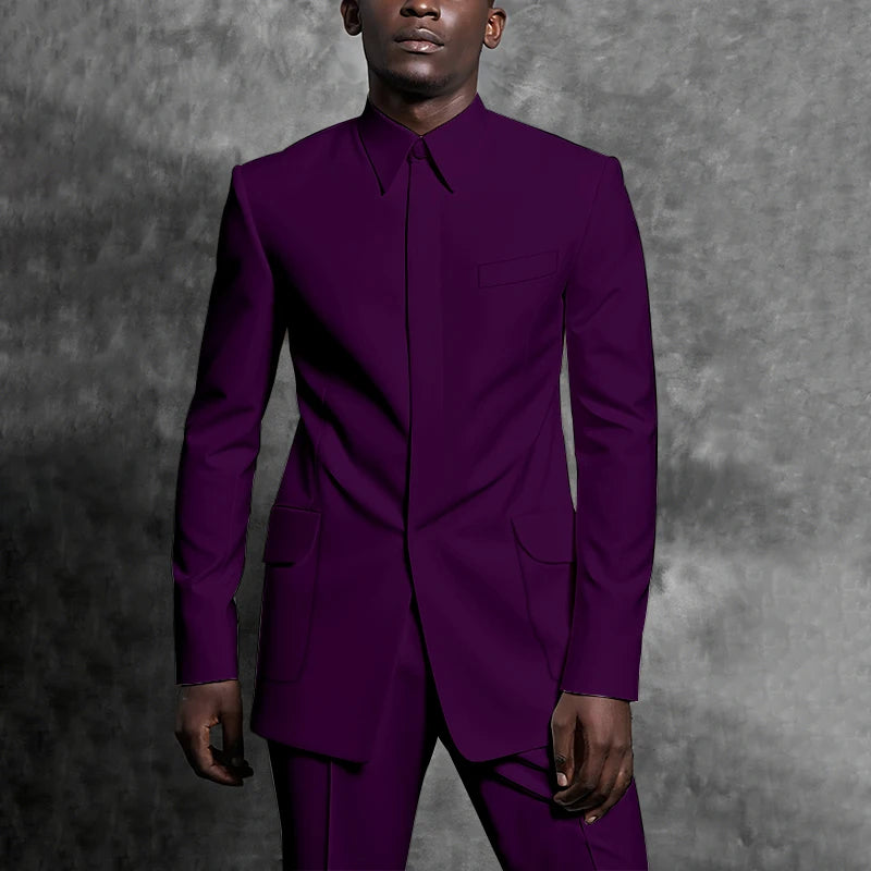 Tailored Suits Stand Collar Tuxedo Gentleman Solid Color Outfit Man Suit Set 2 Piece Smart Casual Daily Office Male Clothing