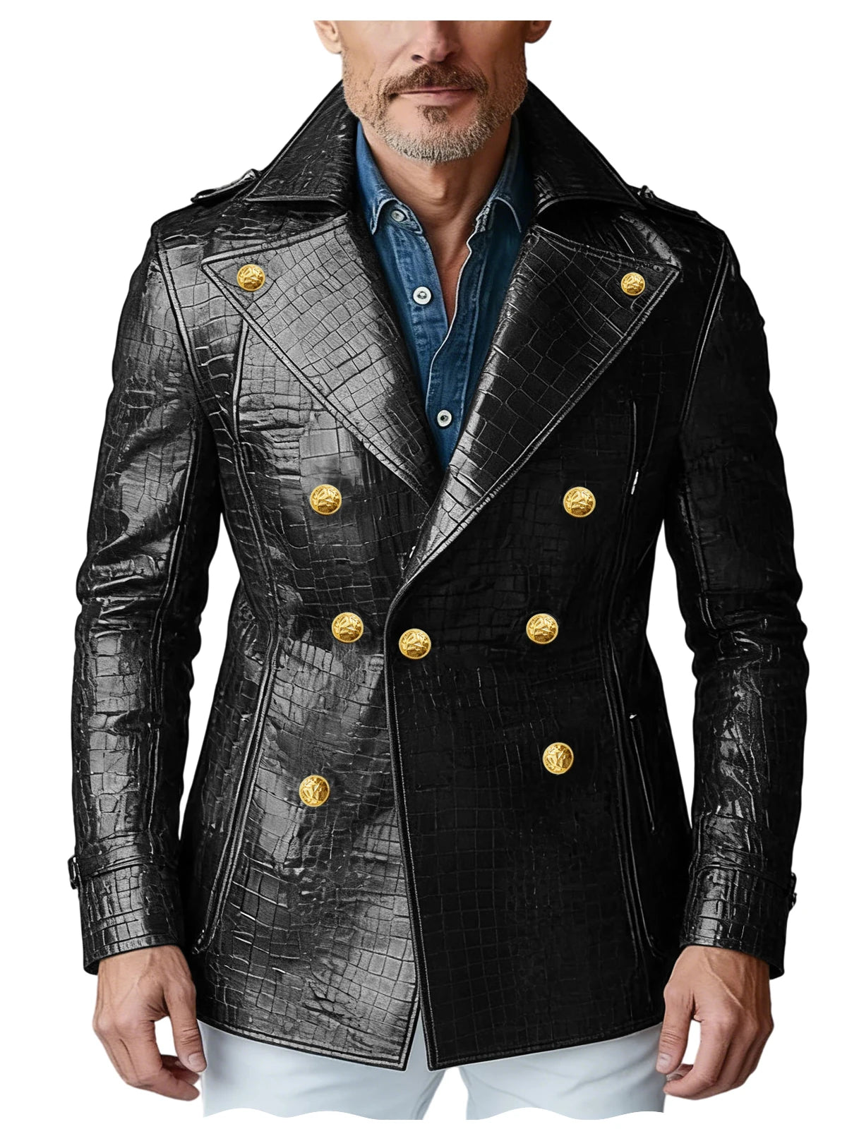 Men's Crocodile Embossed Leather Blazer Double Breasted Trench Coat Wide Lapel Gold Button Slim Fit Jacket For Four Season