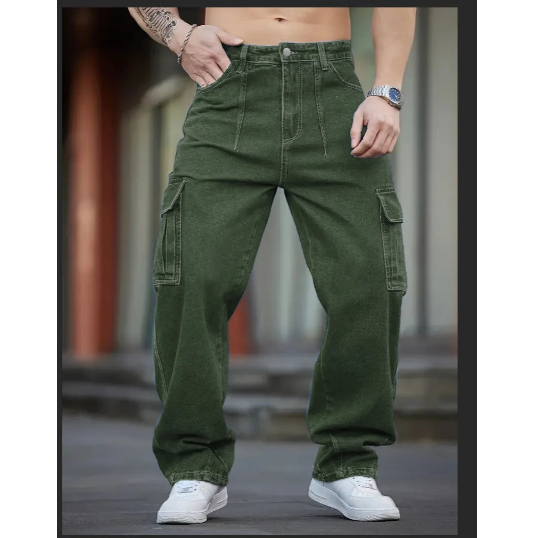 Men Multi Cargo Pocket Jeans Vintage Loose Wide Leg Straight Denim Pants Streetwear Hip Hop Workwear Trousers