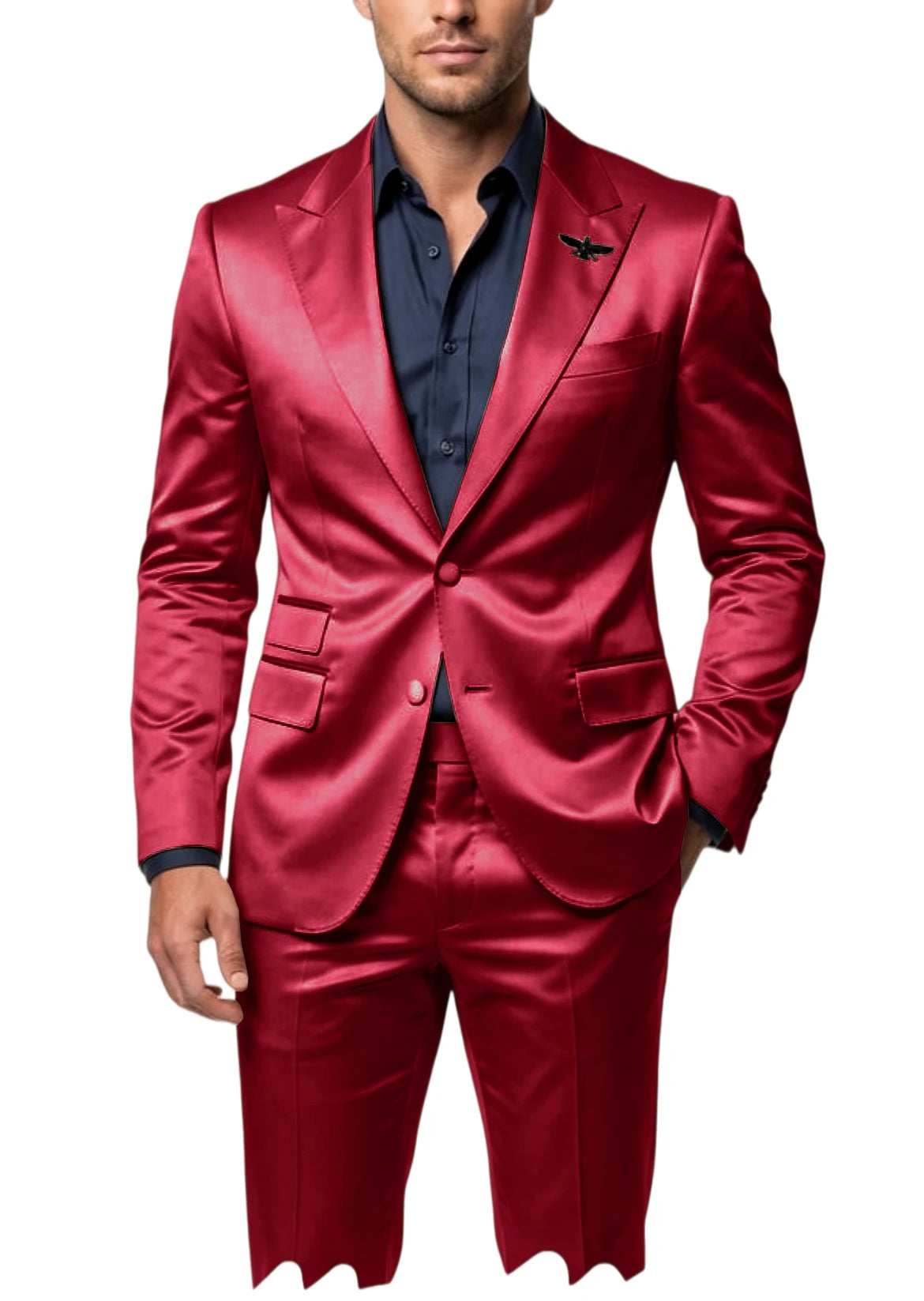 Men's Satin 2-Piece Suit Set Slim Fit Peak Lapel Tuxedo Blazer With Straight Leg Pants For Wedding Party Formal Wear